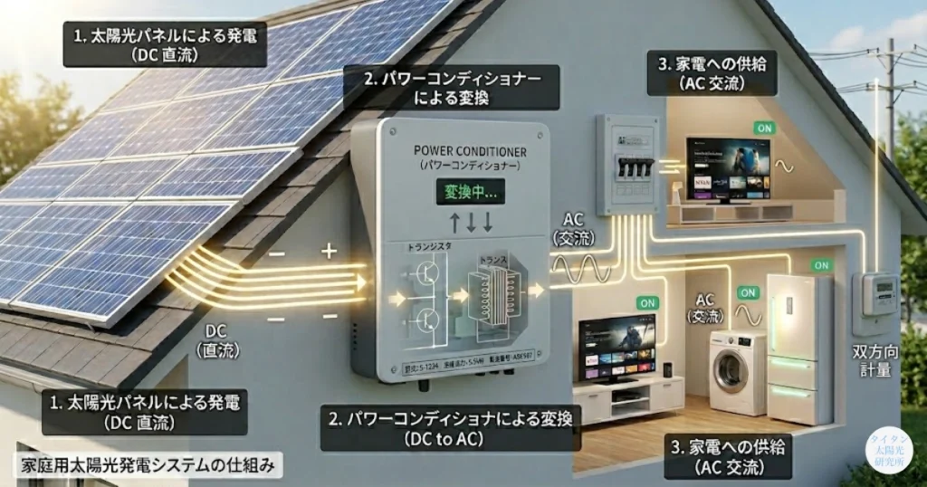パワーコンディショナーで家庭用の電気に変換